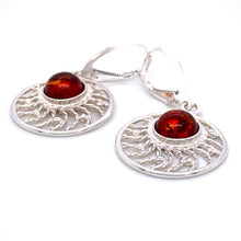 Load image into Gallery viewer, Amber and Silver Set - Earrings and Pendant - Round Stone in a Web