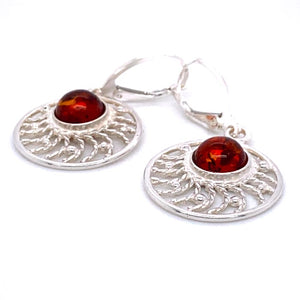 Amber and Silver Set - Earrings and Pendant - Round Stone in a Web