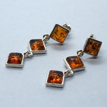 Load image into Gallery viewer, Amber and Silver Earrings - three squares