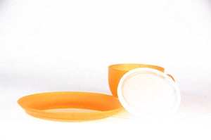 plastic coffee cup with lid and plate orange