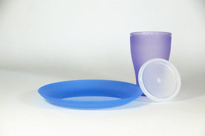 plastic cup with lid and plate purple
