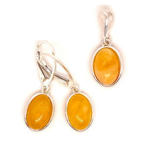 Amber and Silver Set - Earrings and Pendant - Oval Shape
