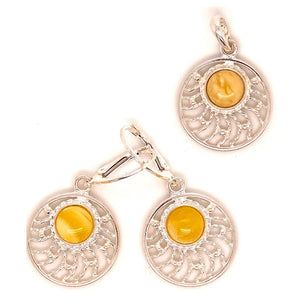 Amber and Silver Set - Earrings and Pendant - Round Stone in a Web