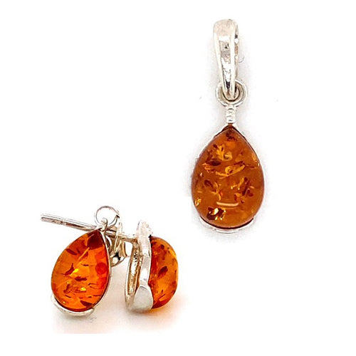 Amber and Silver Set - Earrings and Pendant - Teardrops