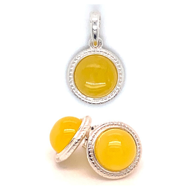 Amber and Silver Set - Earrings and Pendant - Delicate Round