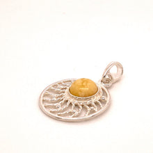 Load image into Gallery viewer, Amber and Silver Set - Earrings and Pendant - Round Stone in a Web